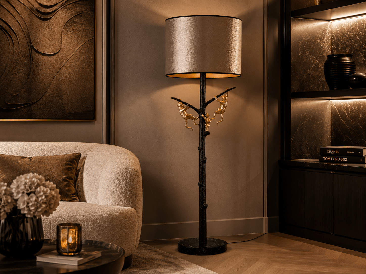 Exclusieve Vloerlamp Monkey Noir – Zwarte Boomstructuur met Gouden Apen en Velours Lampenkap - Afbeelding 2