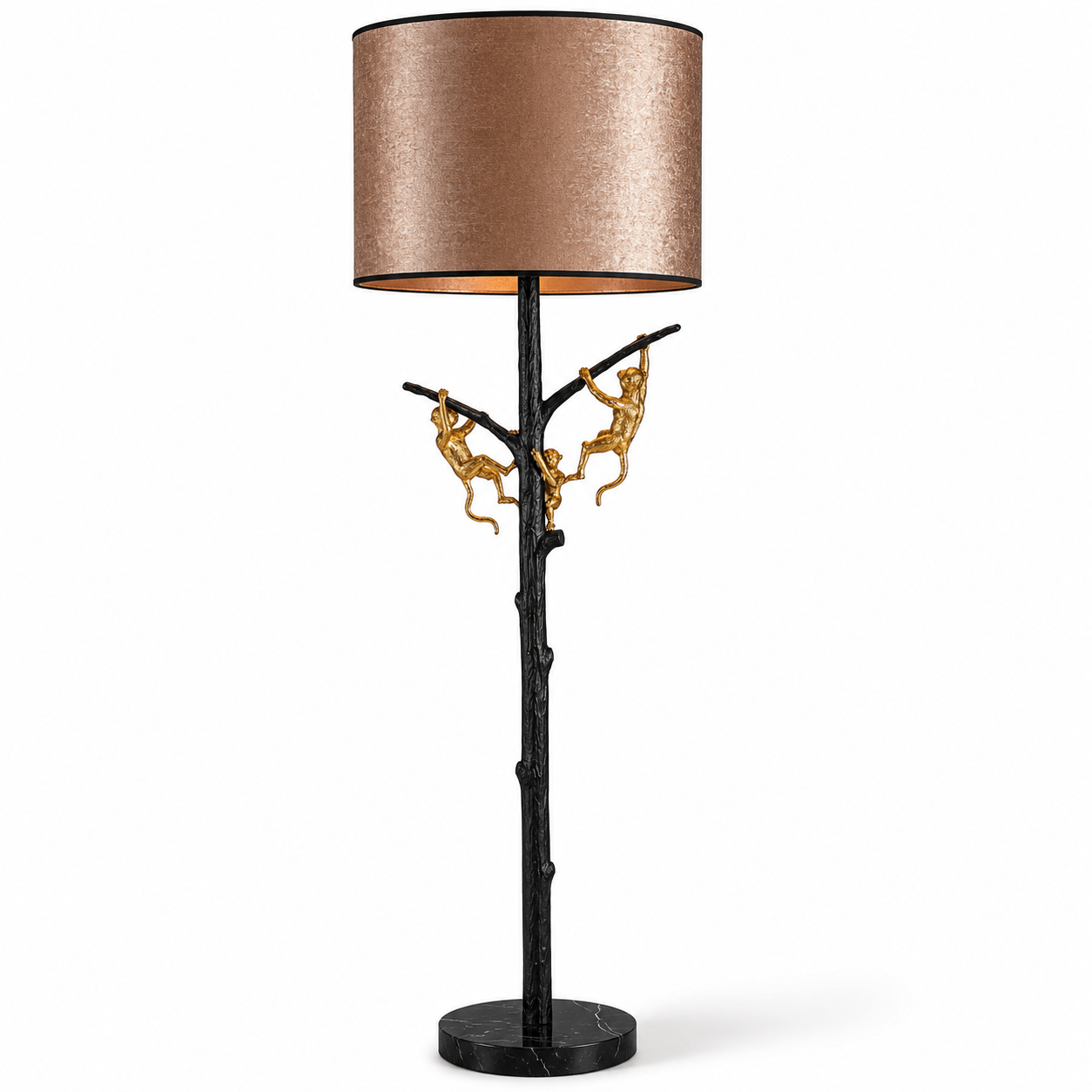 Exclusieve Vloerlamp Monkey Noir – Zwarte Boomstructuur met Gouden Apen en Velours Lampenkap